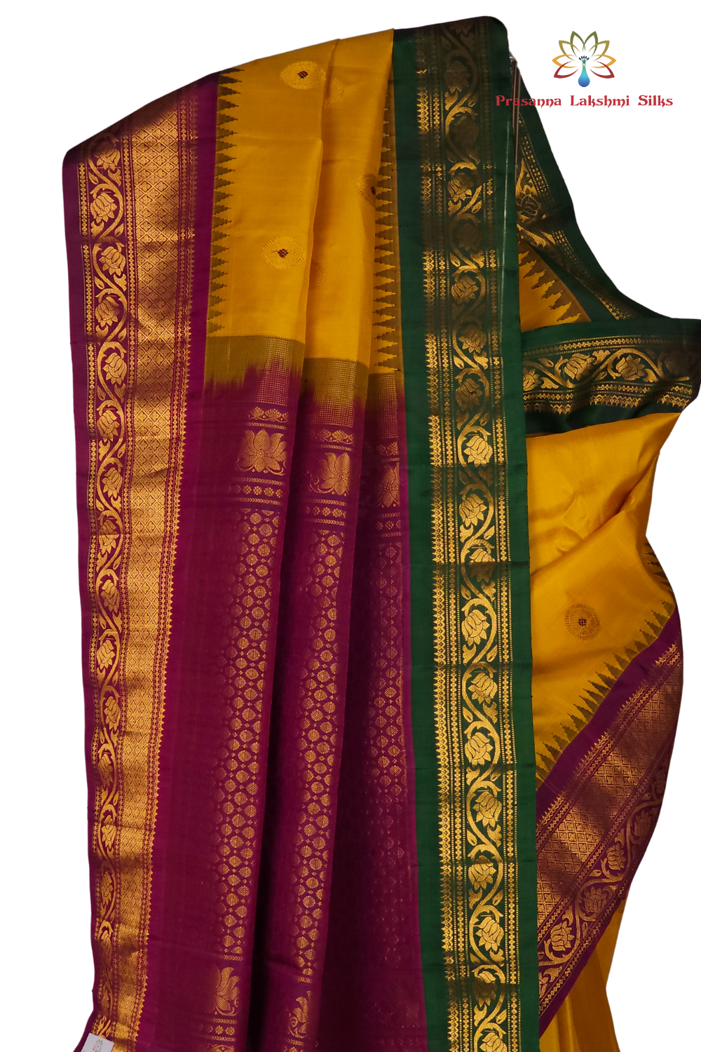 Silk Mark certified Gold Yellow Gadwal silk saree with dual Purple Green border and intricate zari motifs

