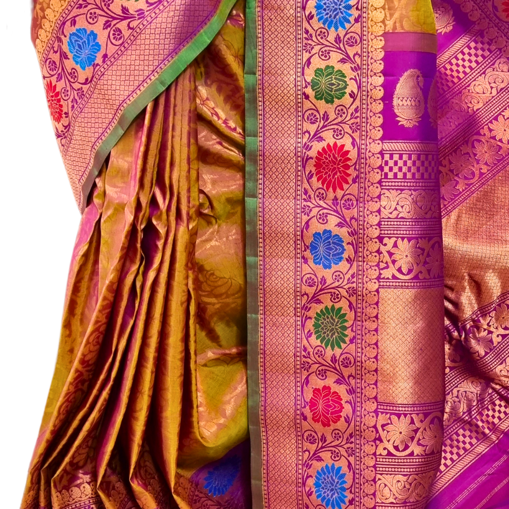 Silk Mark certified Green Purple Gadwal silk saree with intricate all-over zari brocade design

