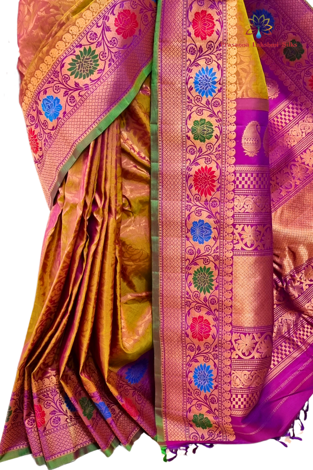 Silk Mark certified Green Purple Gadwal silk saree with intricate all-over zari brocade design

