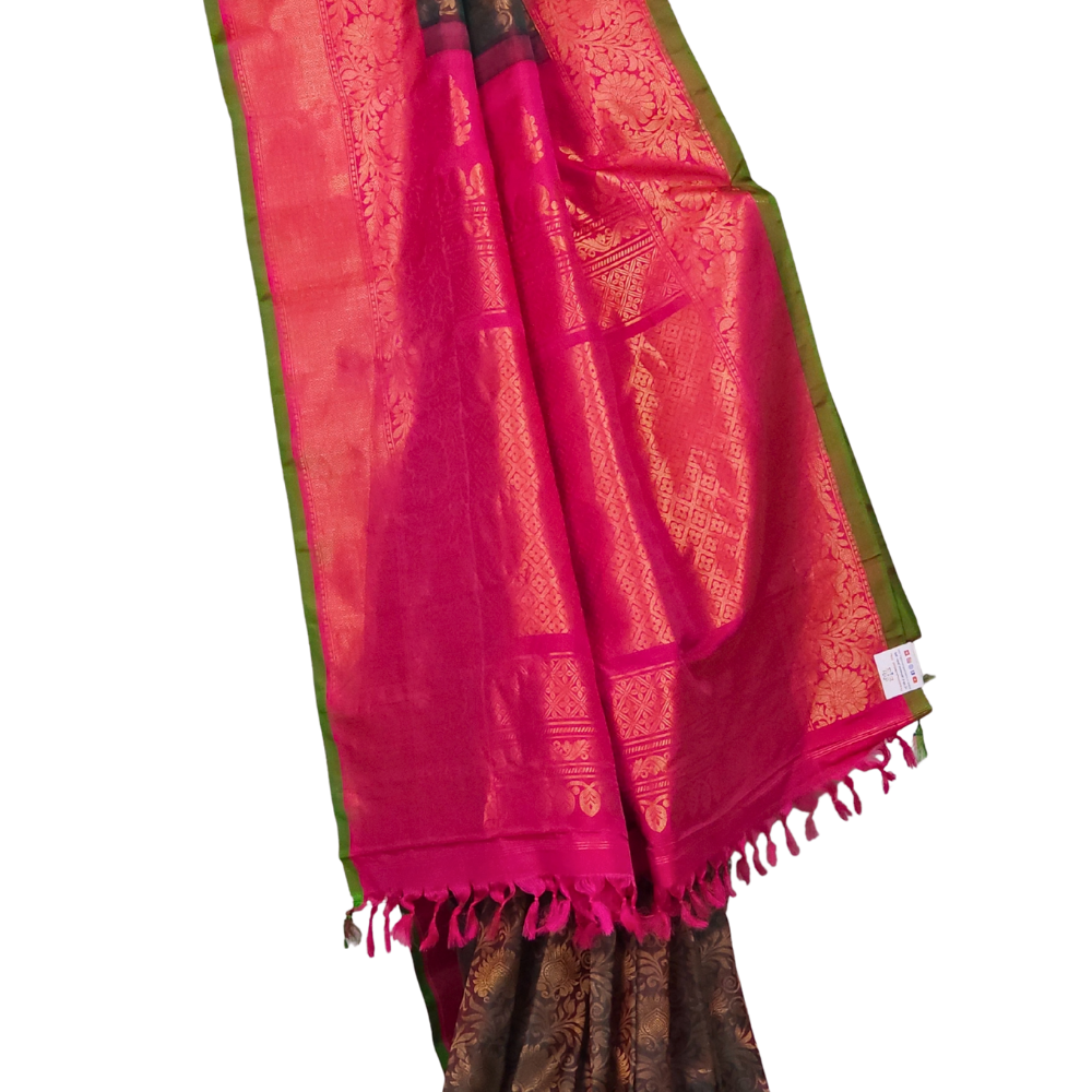 Silk Mark certified Green Red Gadwal silk saree with intricate all-over zari brocade design

