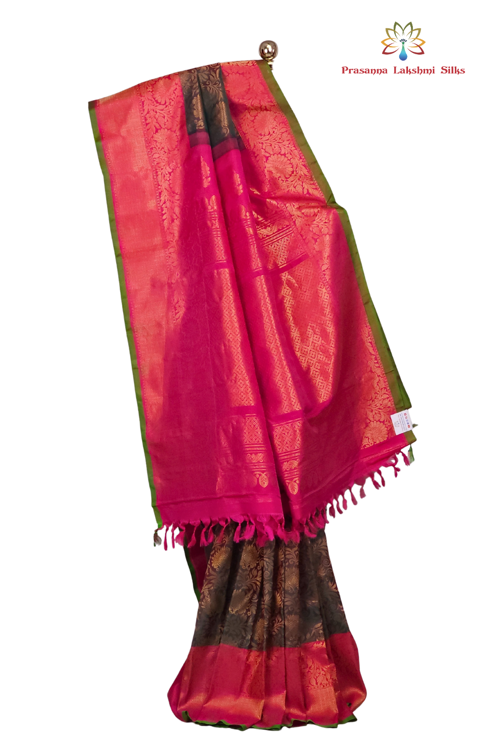 Silk Mark certified Green Red Gadwal silk saree with intricate all-over zari brocade design

