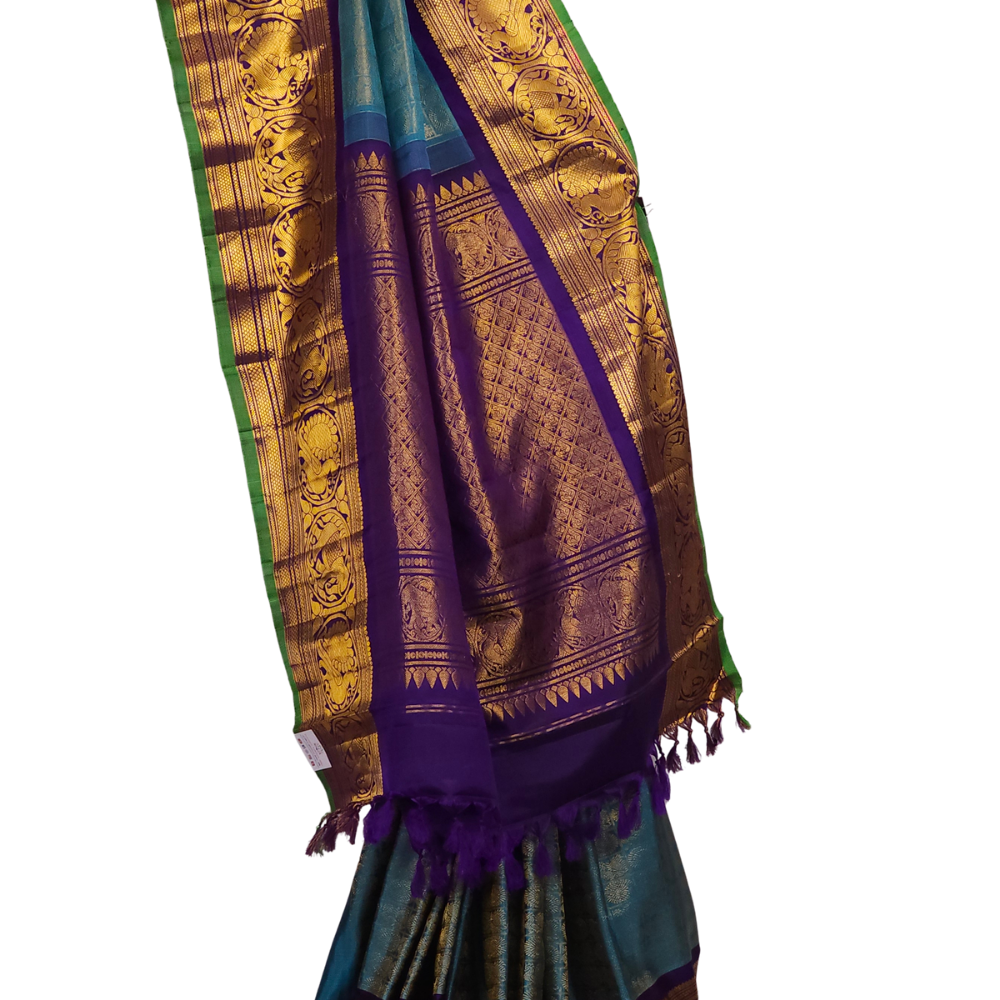 Silk Mark certified Light Blue Gadwal silk saree with intricate all-over zari brocade design

