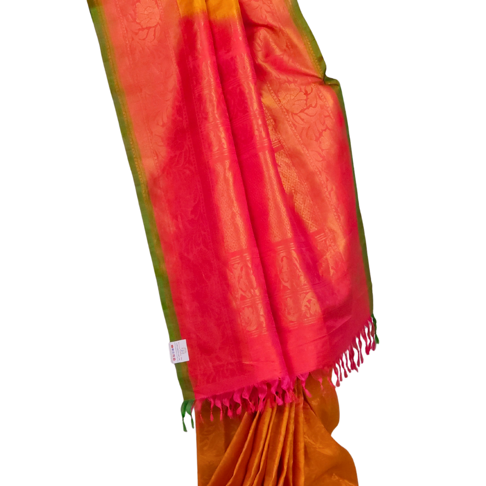 Silk Mark certified Mango Yellow Gadwal silk saree with intricate all-over zari brocade design

