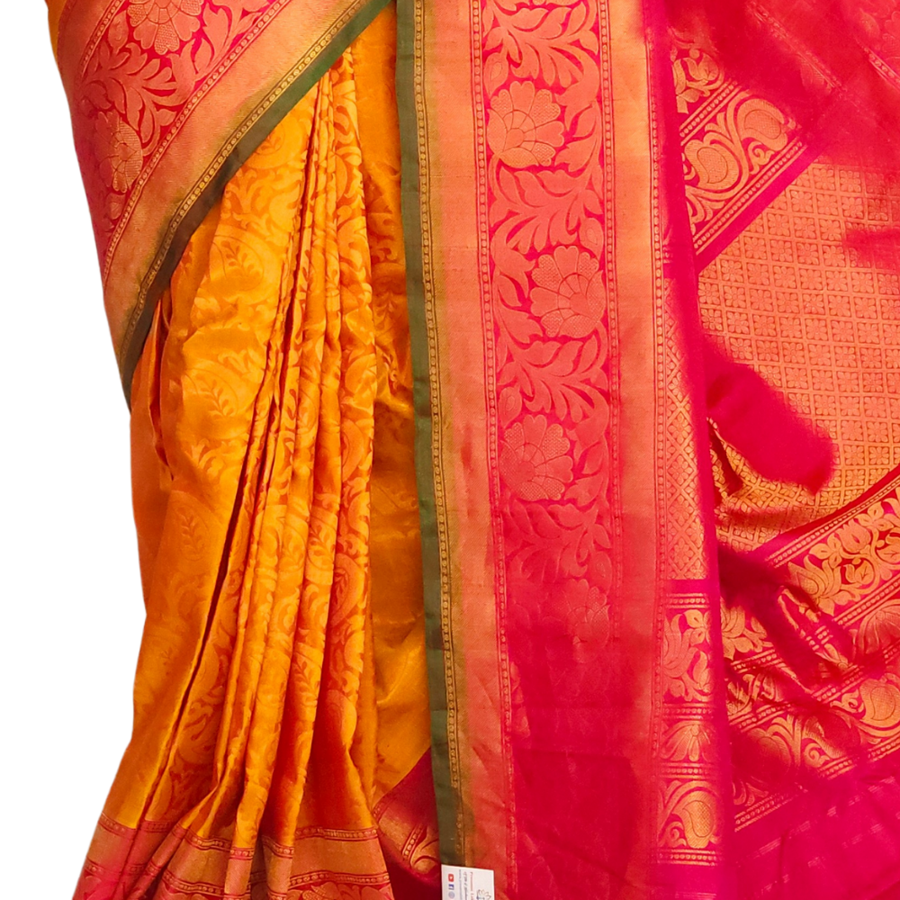 Silk Mark certified Mango Yellow Gadwal silk saree with intricate all-over zari brocade design


