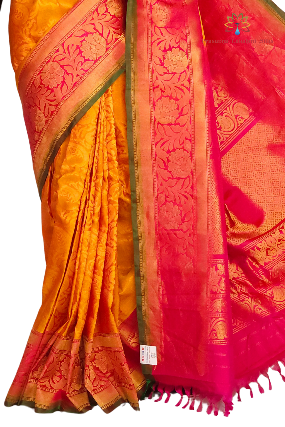 Silk Mark certified Mango Yellow Gadwal silk saree with intricate all-over zari brocade design

