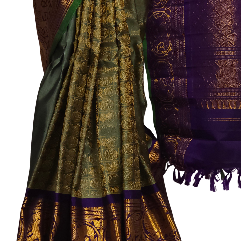 Silk Mark certified Mint Green Gadwal silk saree with intricate all-over zari brocade design

