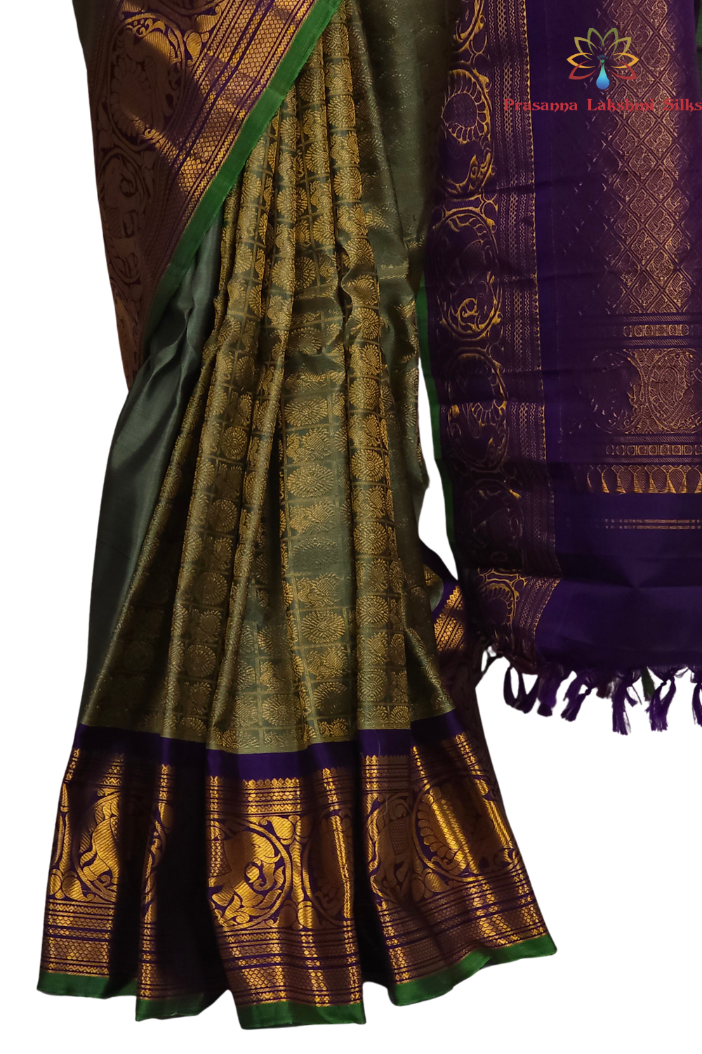 Silk Mark certified Mint Green Gadwal silk saree with intricate all-over zari brocade design

