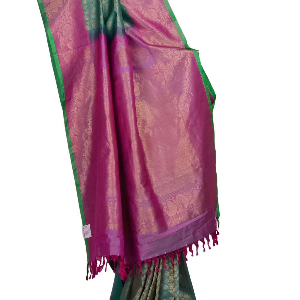 Silk Mark certified Mint Green Gadwal silk saree with intricate all-over zari brocade design

