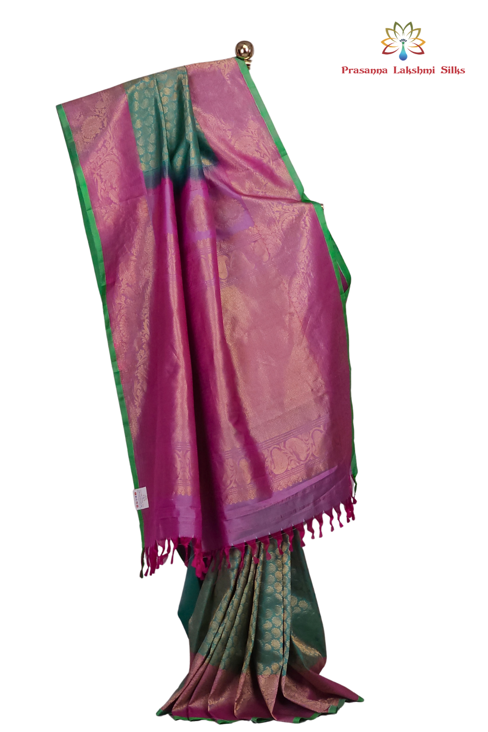 Silk Mark certified Mint Green Gadwal silk saree with intricate all-over zari brocade design

