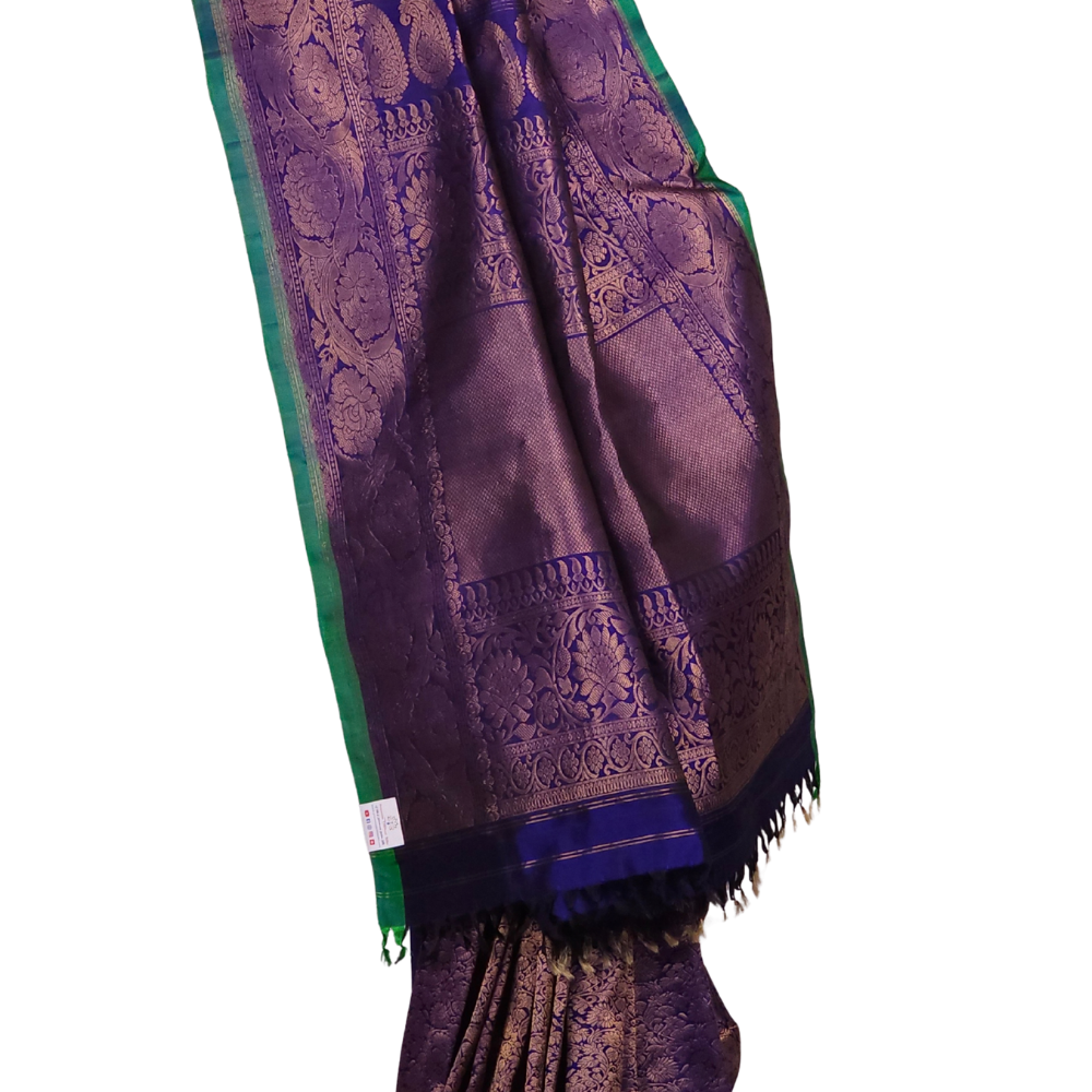 Silk Mark certified Navy Blue Gadwal silk saree with intricate all-over zari brocade design

