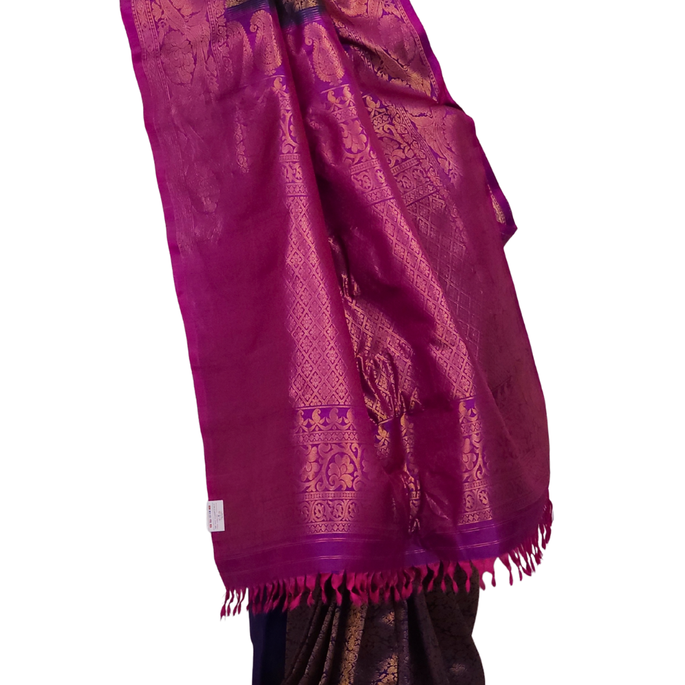 Silk Mark certified Navy Blue Gadwal silk saree with intricate all-over zari brocade design


