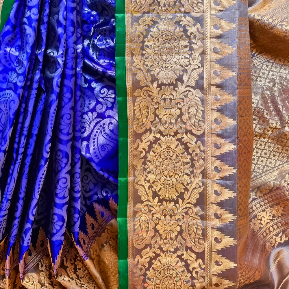 Silk Mark certified Navy Blue Gadwal silk saree with intricate all-over zari brocade design

