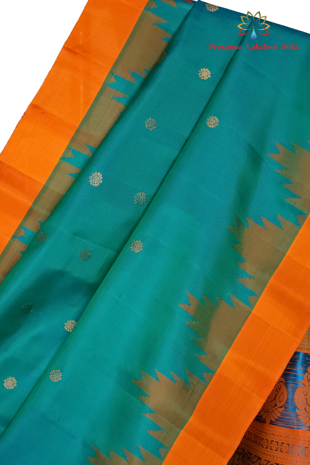 Silk Mark certified Peacock Green Gadwal silk saree with contrast orange border and intricate zari motifs

