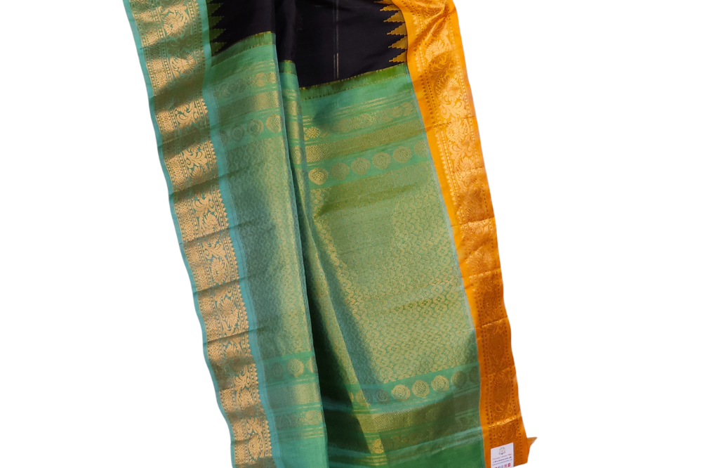 Silk Mark certified black Gadwal silk saree with dual Sea Green Yellow Ganga Jamuna border and intricate zari motifs

