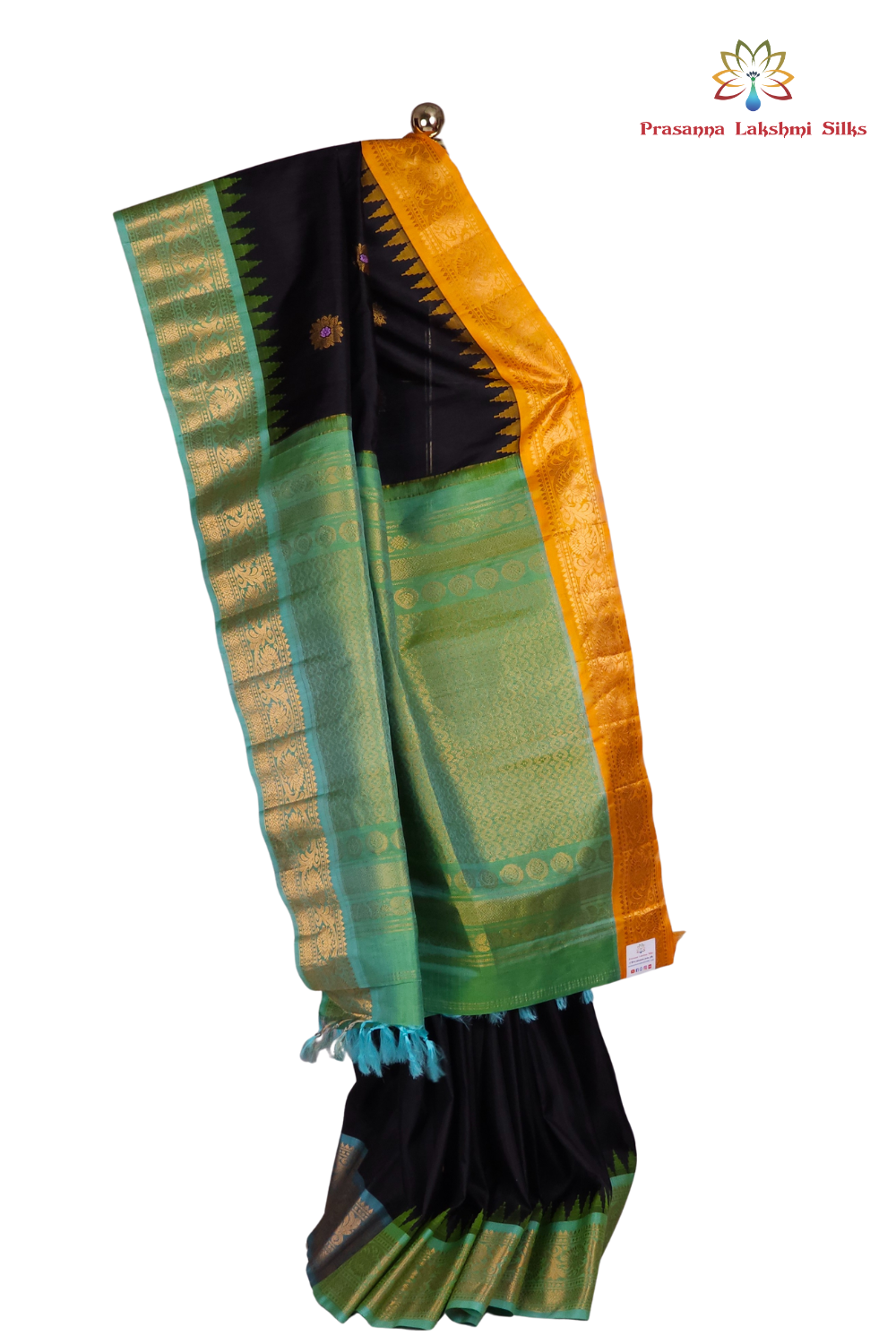 Silk Mark certified black Gadwal silk saree with dual Sea Green Yellow Ganga Jamuna border and intricate zari motifs

