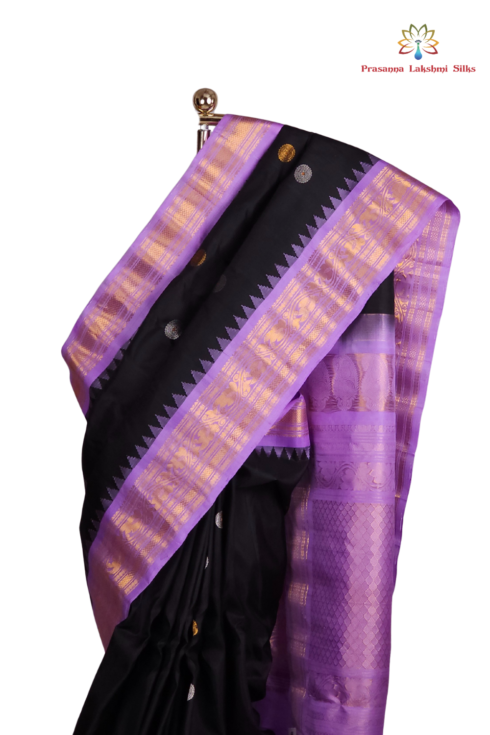 Silk Mark certified black Gadwal silk saree with lavender contrast border and intricate zari motifs

