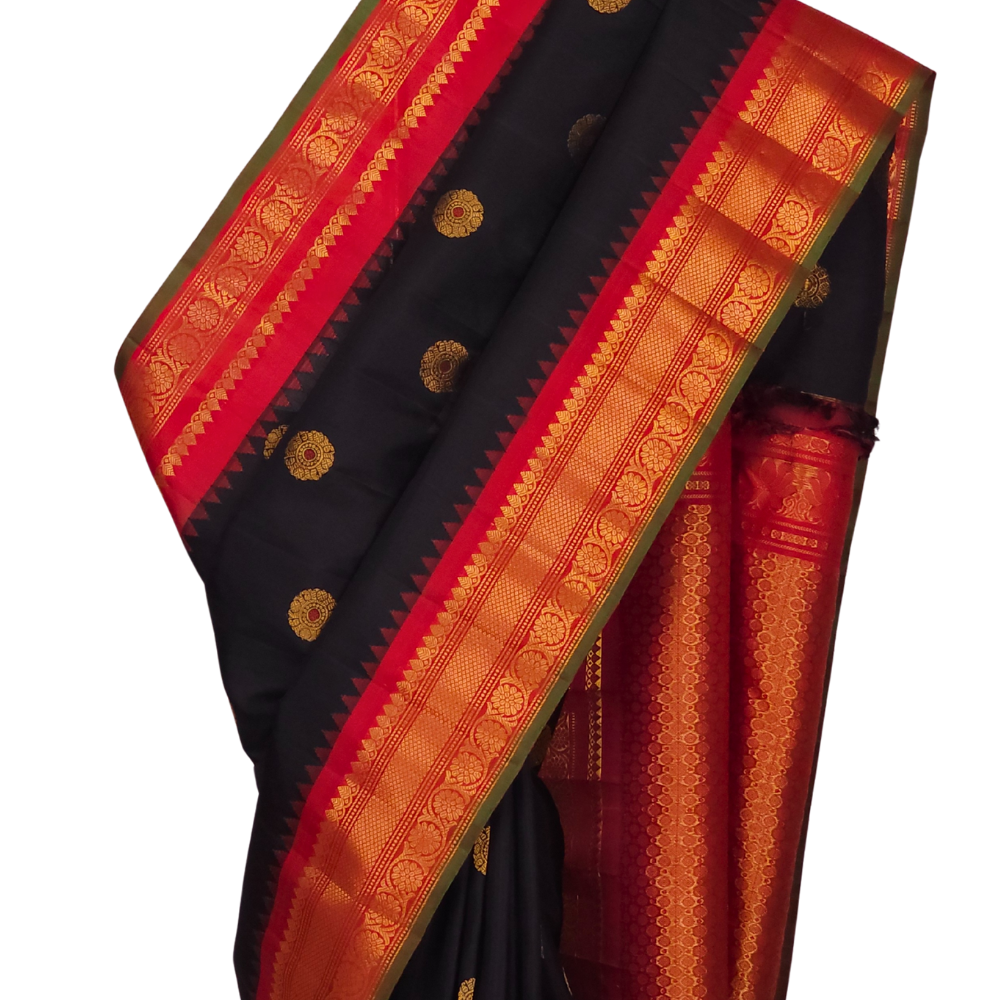Silk Mark certified black Gadwal silk saree with red contrast border and intricate zari motifs

