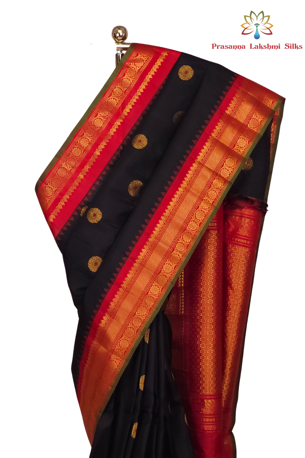 Silk Mark certified black Gadwal silk saree with red contrast border and intricate zari motifs

