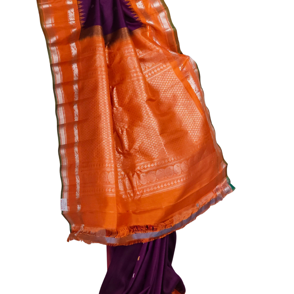 Silk Mark certified deep violet Gadwal silk saree with contrast orange border and intricate zari motifs

