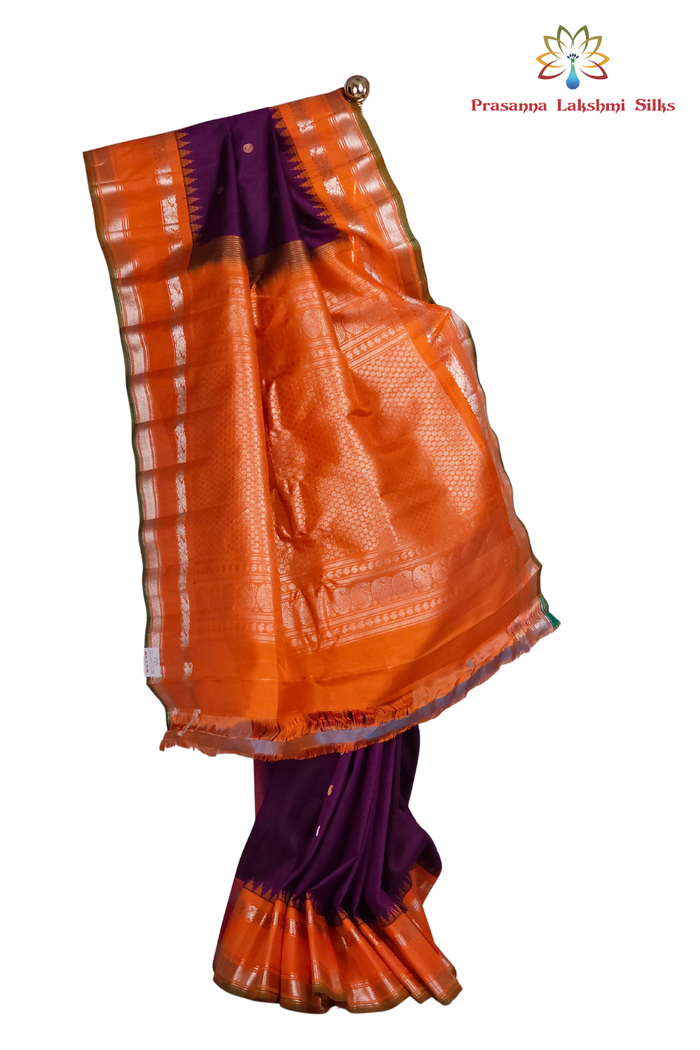 Silk Mark certified deep violet Gadwal silk saree with contrast orange border and intricate zari motifs

