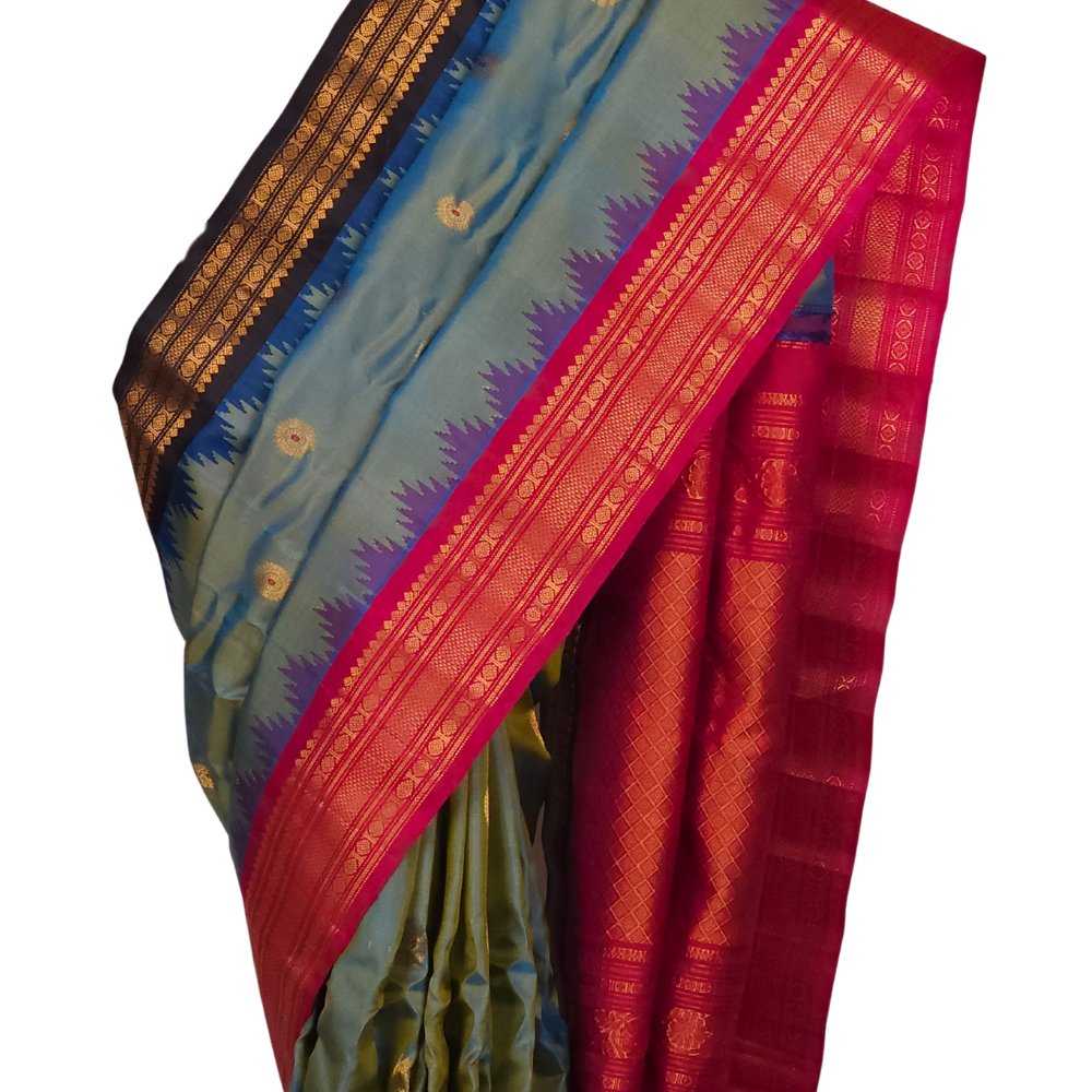 Silk Mark certified dual tone gold blue Gadwal silk saree with contrast pink black border

