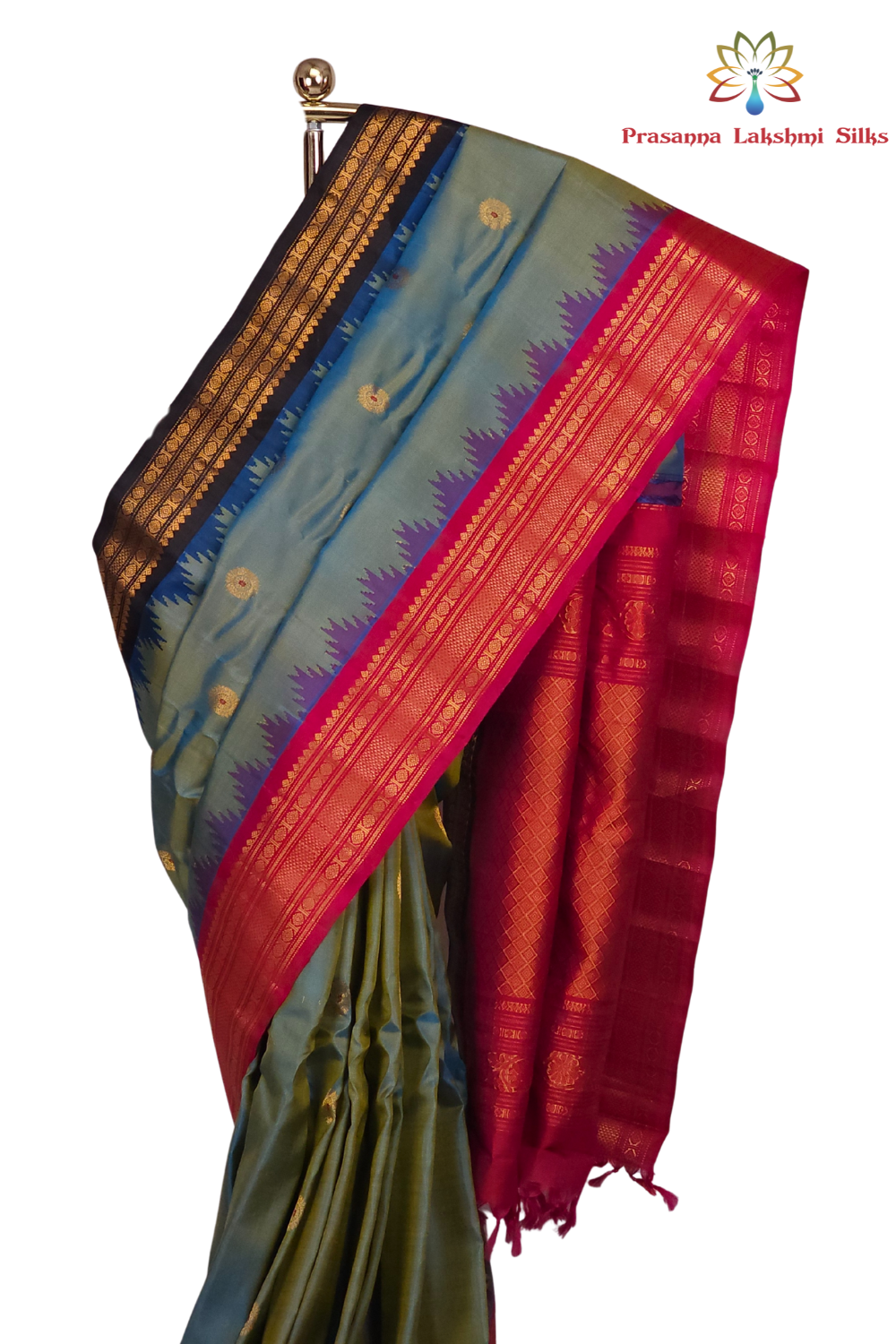 Silk Mark certified dual tone gold blue Gadwal silk saree with contrast pink black border

