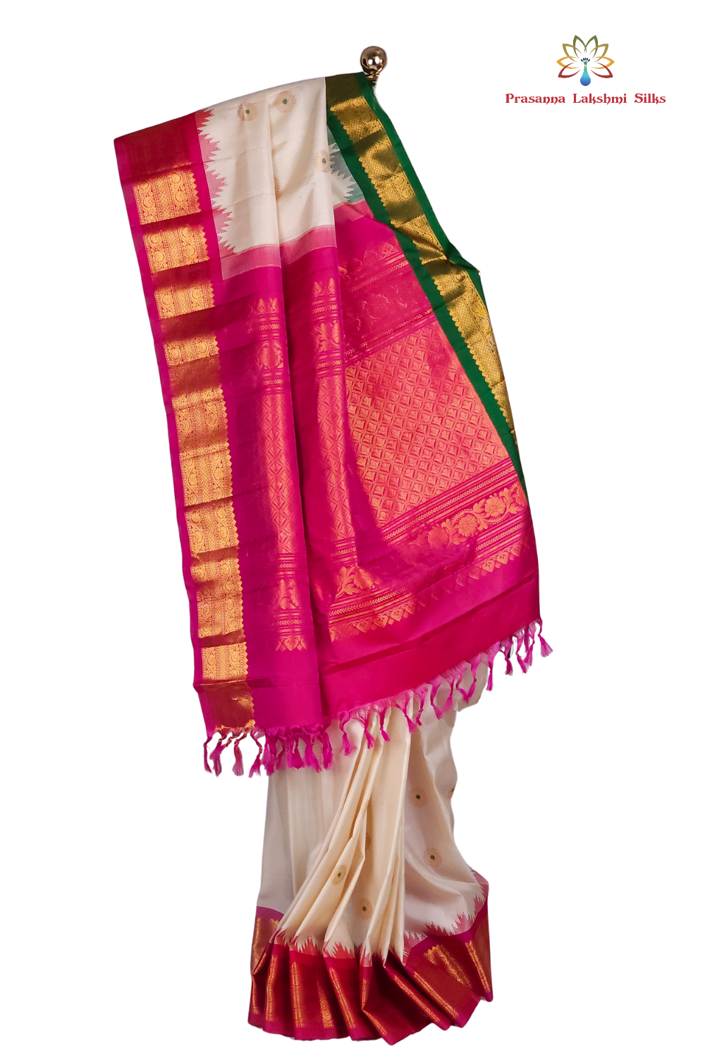 Silk Mark certified half white Gadwal silk saree with dual pink green border and intricate zari motifs

