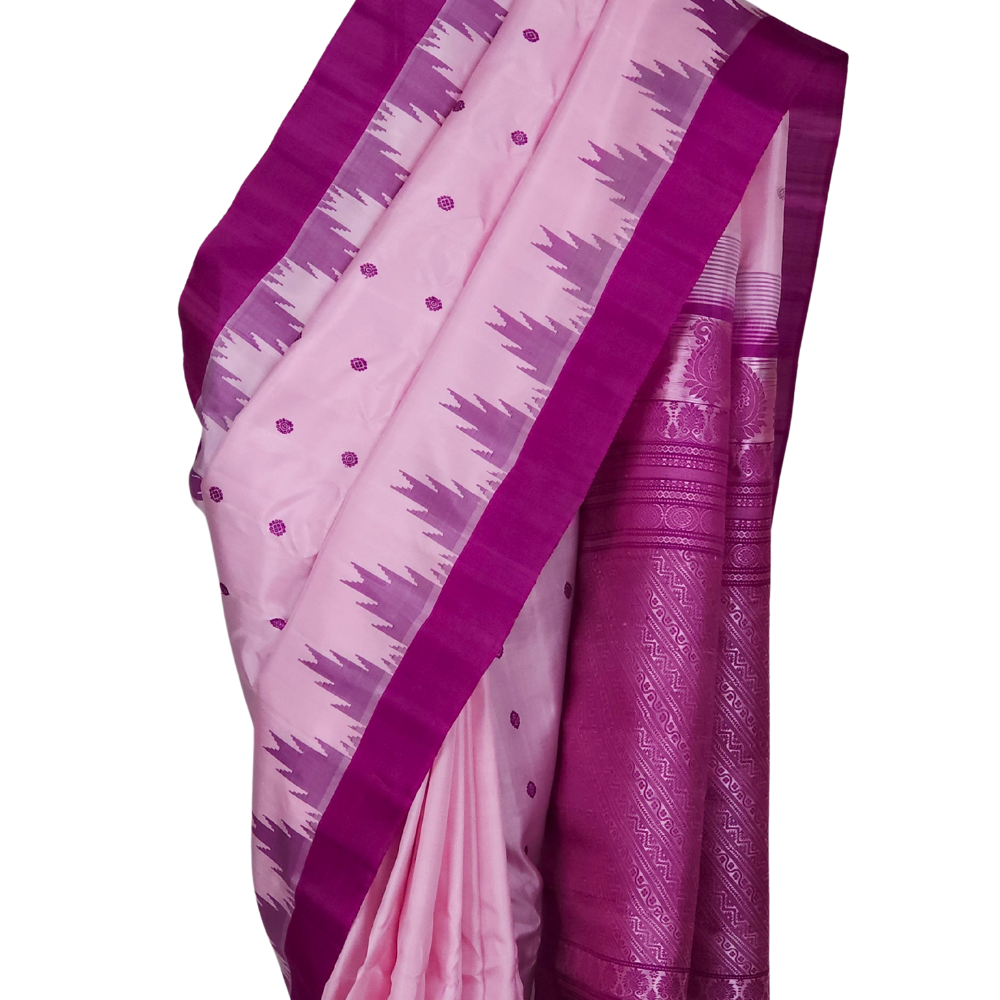 Silk Mark certified lilac Gadwal silk saree with contrast purple border and intricate zari motifs

