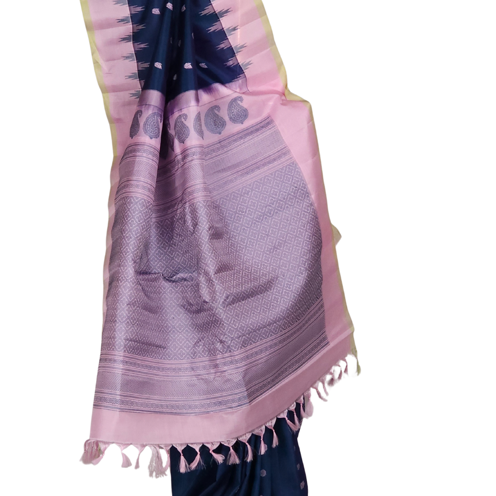 Silk Mark certified peacock blue Gadwal silk saree with pink blouse and intricate zari motifs
