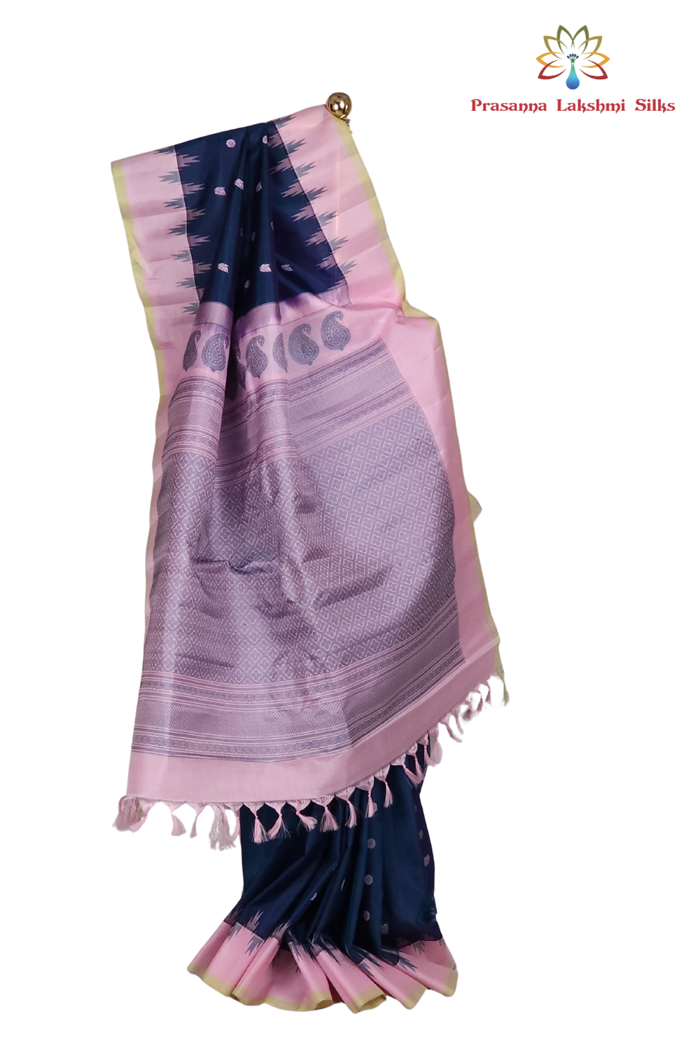 Silk Mark certified peacock blue Gadwal silk saree with pink blouse and intricate zari motifs

