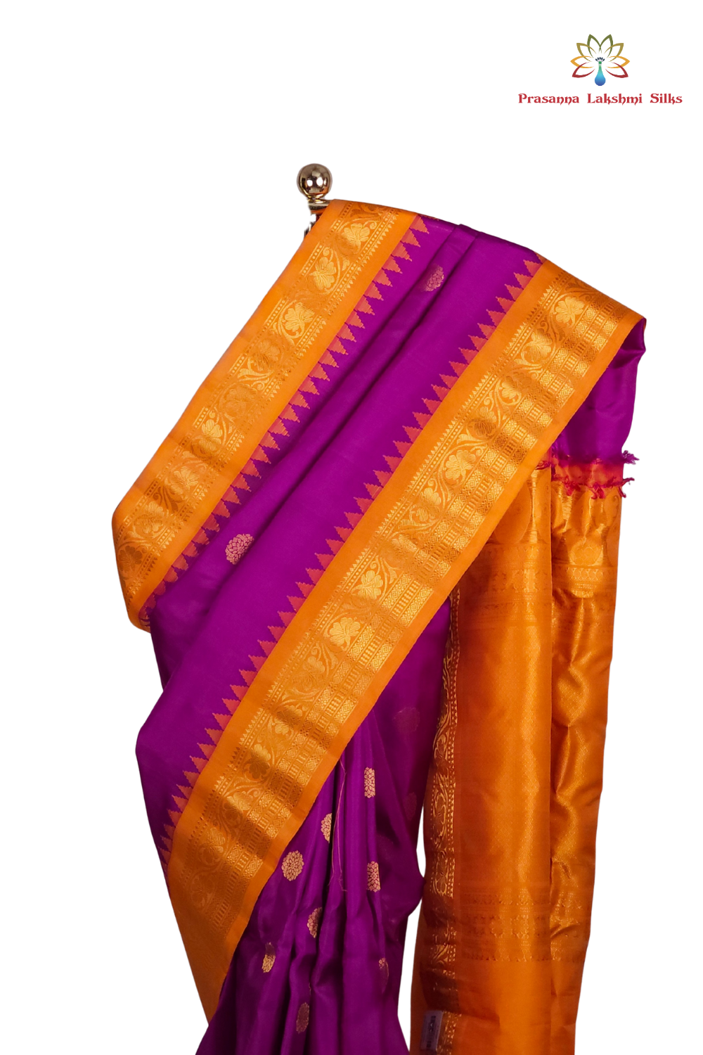 Silk Mark certified purple Gadwal silk saree with contrast Light Orange border and intricate zari motifs

