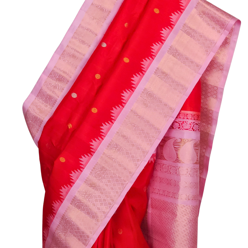 Silk Mark certified red Gadwal silk saree with pink zari 
woven border, perfect for weddings and festive occasions