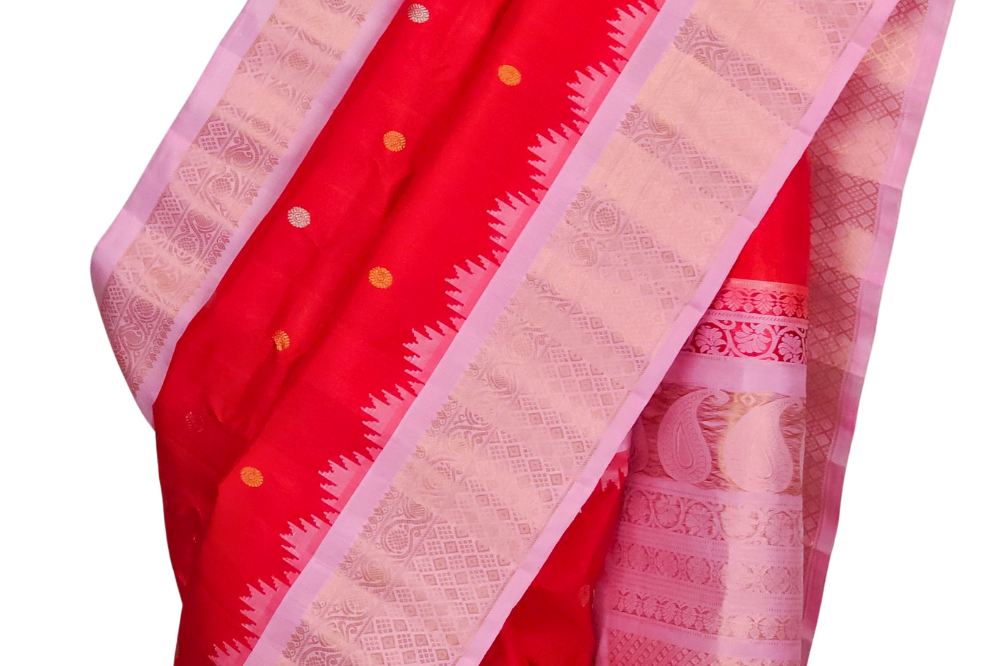 Silk Mark certified red Gadwal silk saree with pink zari 
woven border, perfect for weddings and festive occasions