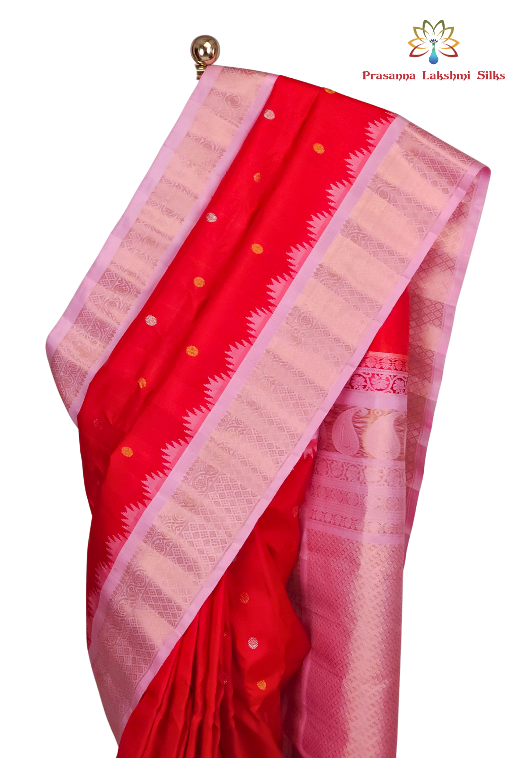 Silk Mark certified red Gadwal silk saree with pink zari 
woven border, perfect for weddings and festive occasions