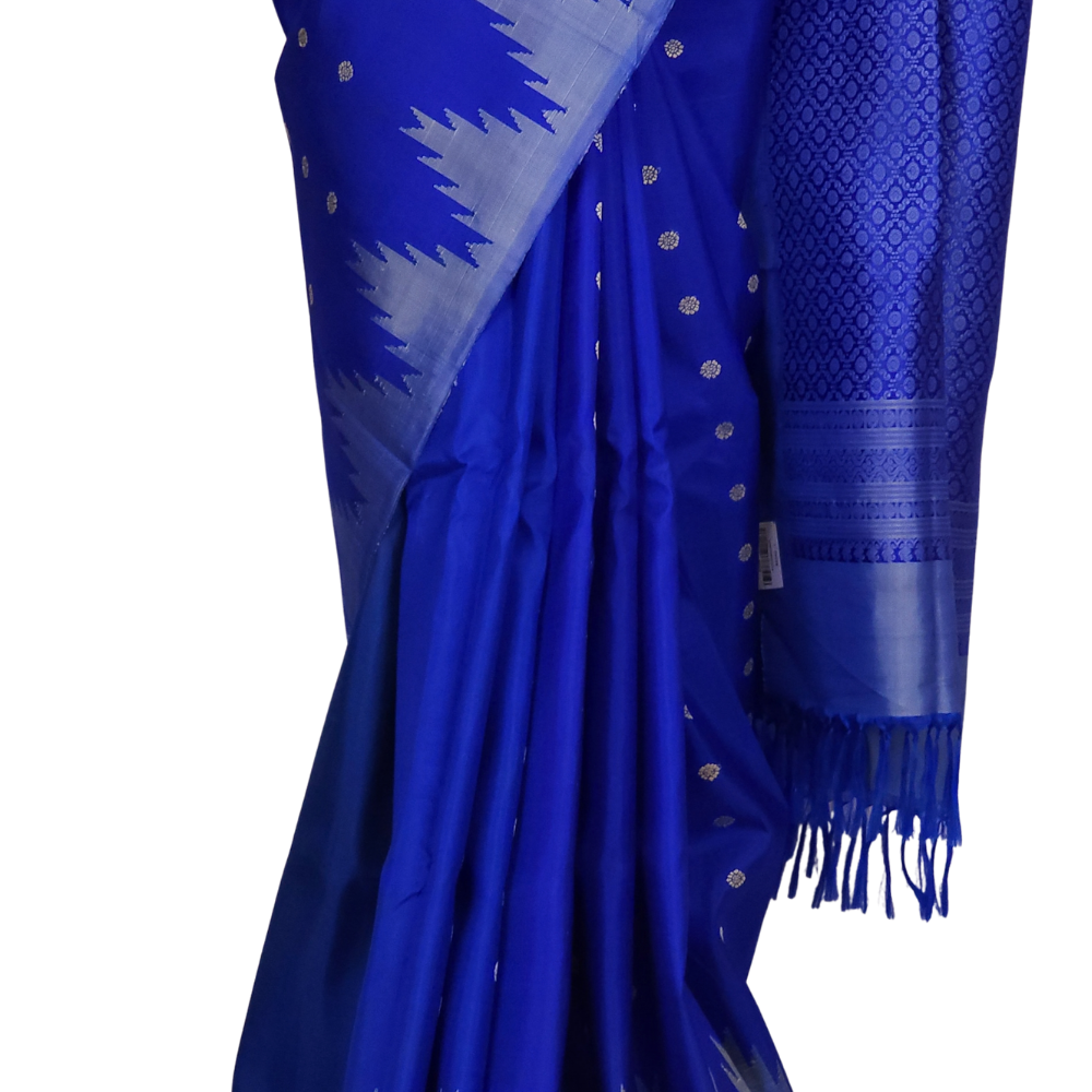Silk Mark certified royal blue Gadwal silk saree featuring temple border design and intricate zari motifs

