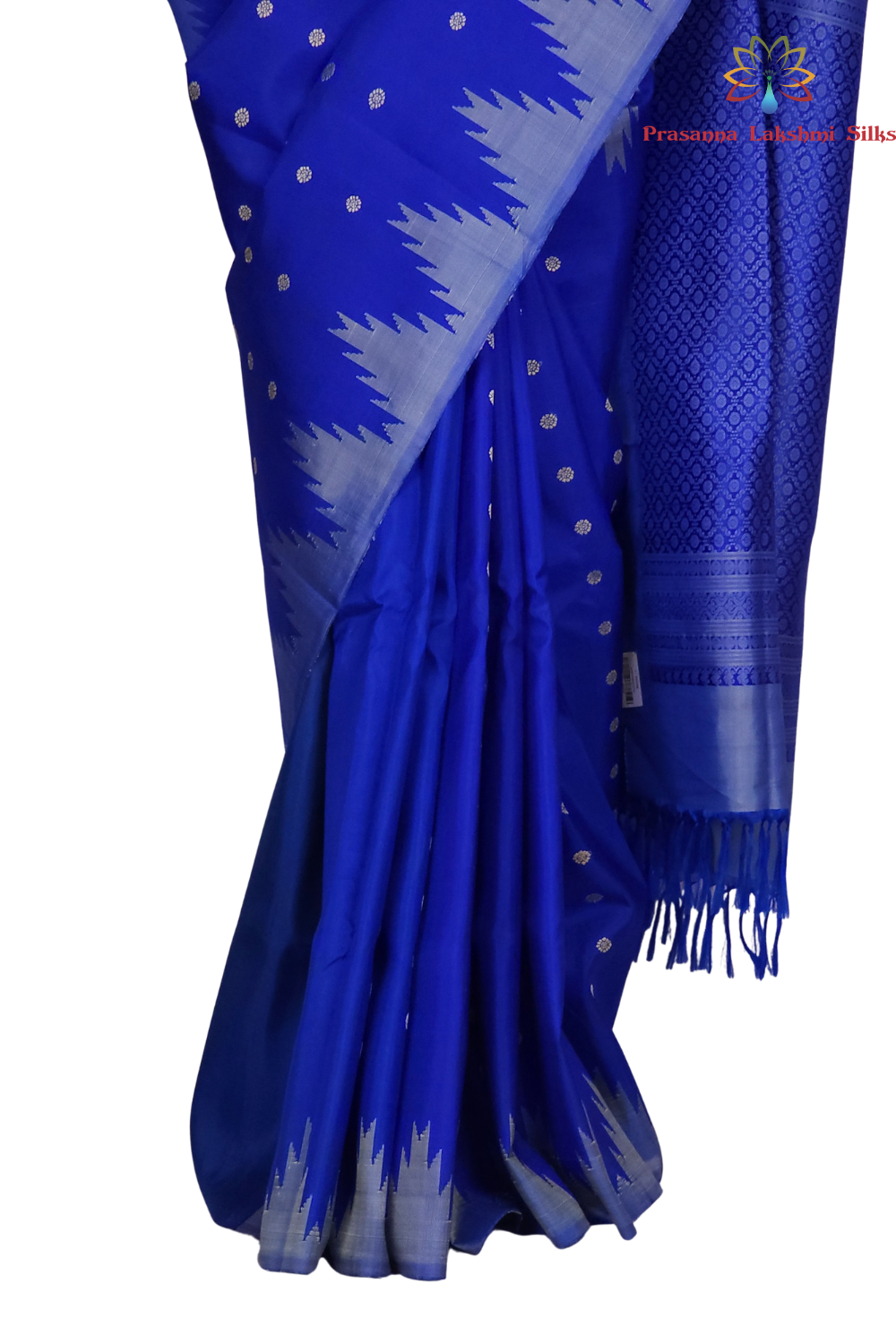 Silk Mark certified royal blue Gadwal silk saree featuring temple border design and intricate zari motifs

