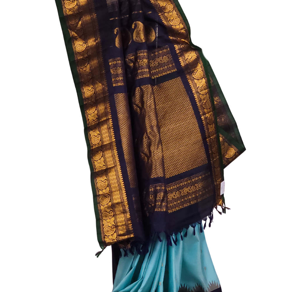 Silk Mark certified sky blue Gadwal silk saree with 
contrast navy blue zari woven border and brocade pallu