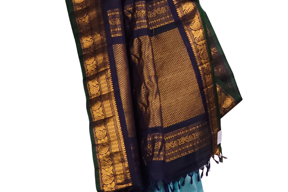 Silk Mark certified sky blue Gadwal silk saree with 
contrast navy blue zari woven border and brocade pallu