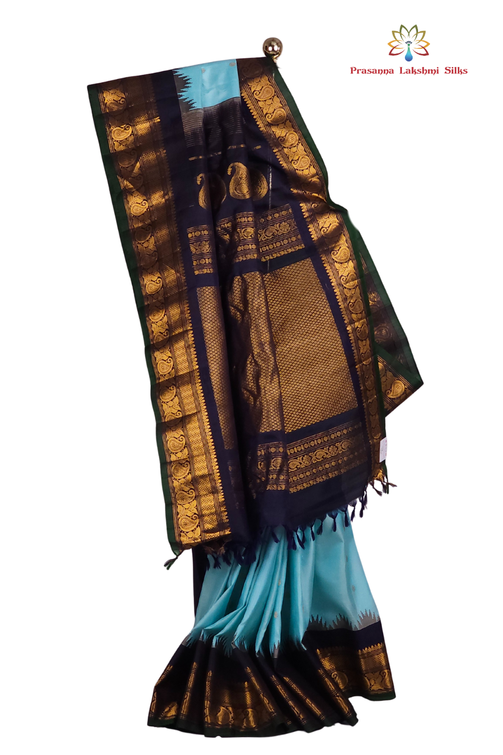Silk Mark certified sky blue Gadwal silk saree with 
contrast navy blue zari woven border and brocade pallu