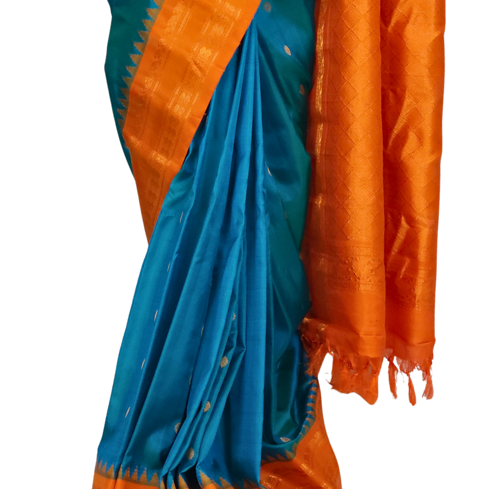 Silk Mark certified teal blue Gadwal silk saree with orange blouse and intricate zari motifs
