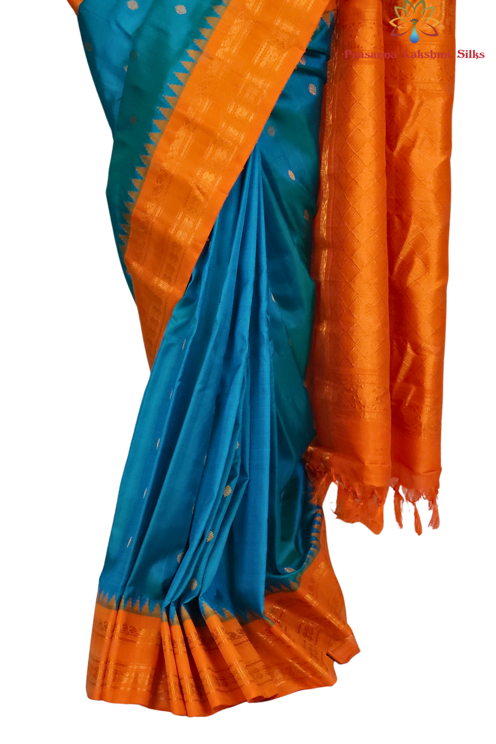 Silk Mark certified teal blue Gadwal silk saree with orange blouse and intricate zari motifs

