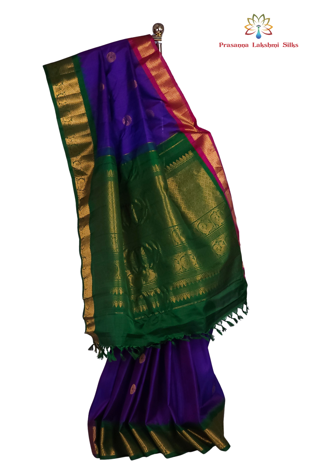 Silk Mark certified violet Gadwal silk saree with dual green pink border and rich zari motifs

