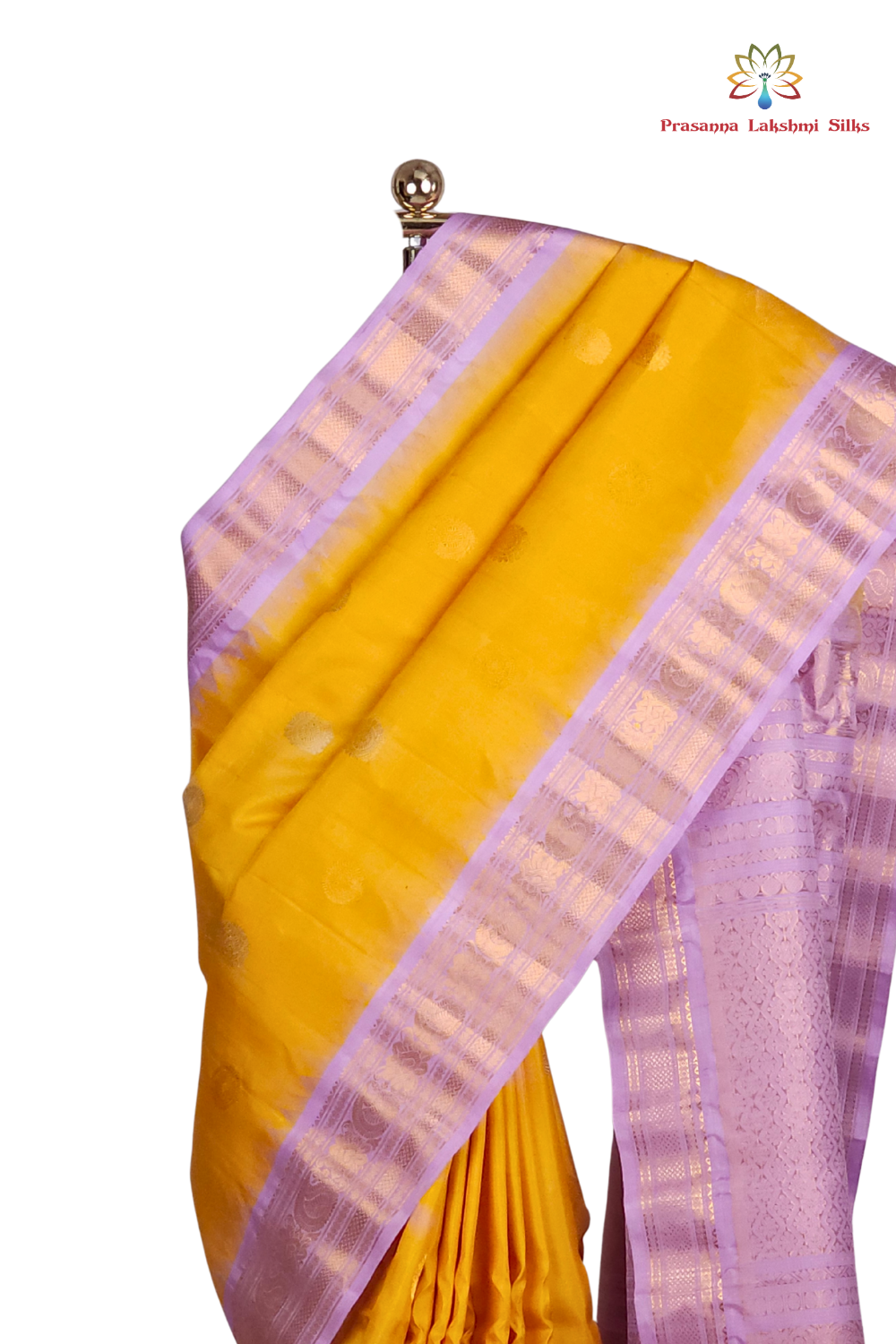 Silk Mark certified yellow Gadwal silk saree with lavender contrast border and intricate zari motifs

