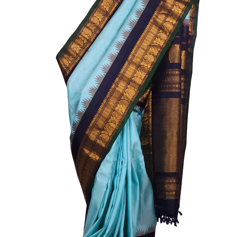 Sky Blue Handloom Pure Gadwal Silk Saree with navy blue 
zari border and rich brocade pallu