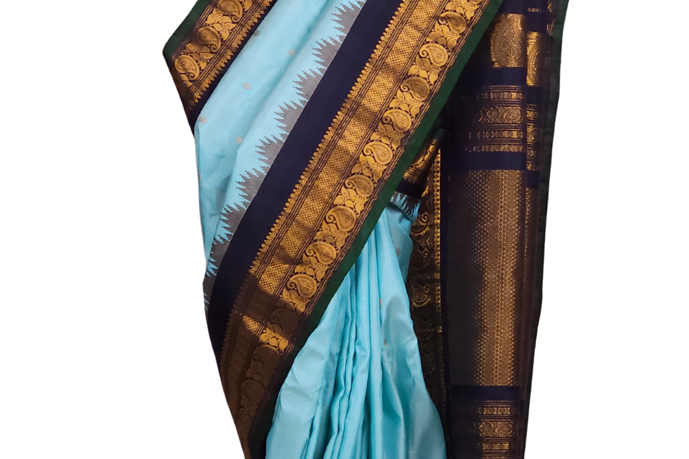Sky Blue Handloom Pure Gadwal Silk Saree with navy blue 
zari border and rich brocade pallu