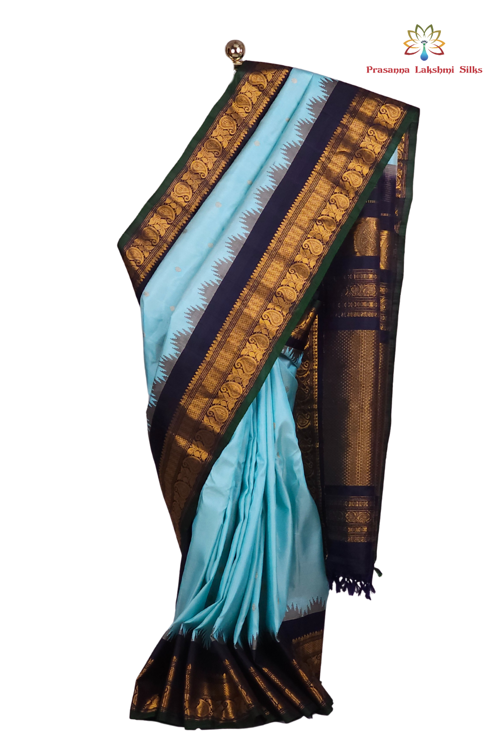 Sky Blue Handloom Pure Gadwal Silk Saree with navy blue 
zari border and rich brocade pallu