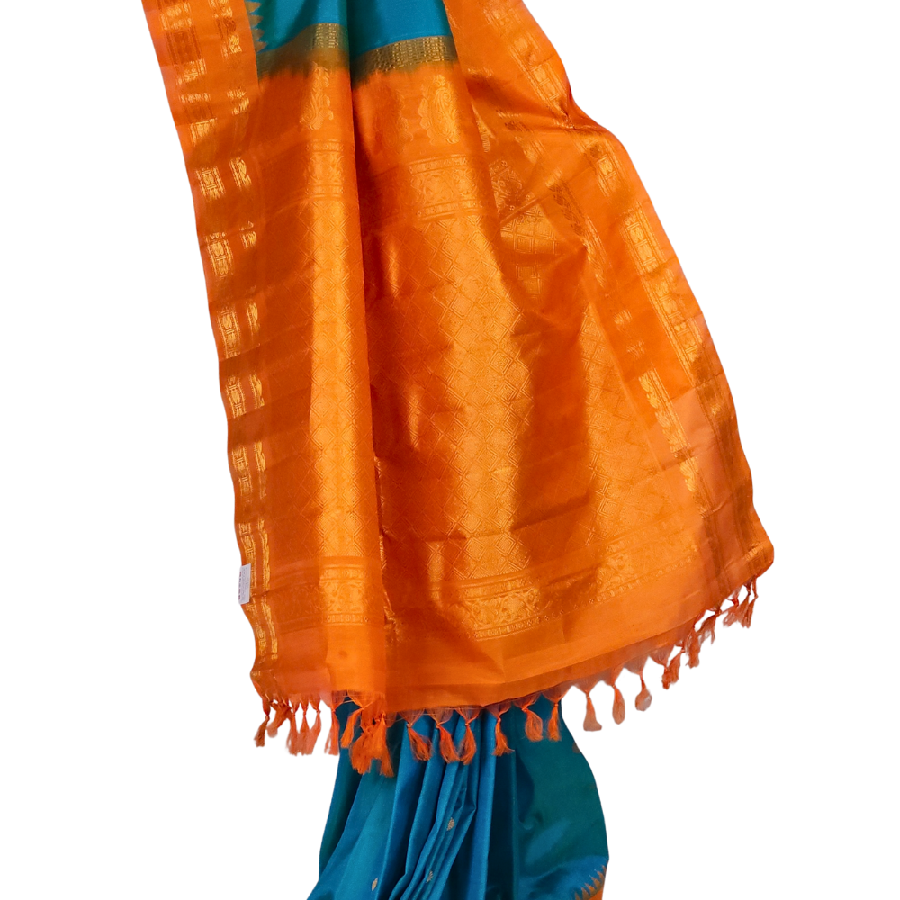 Teal Blue handloom Gadwal pure silk saree with rich orange zari woven border and brocade pallu
