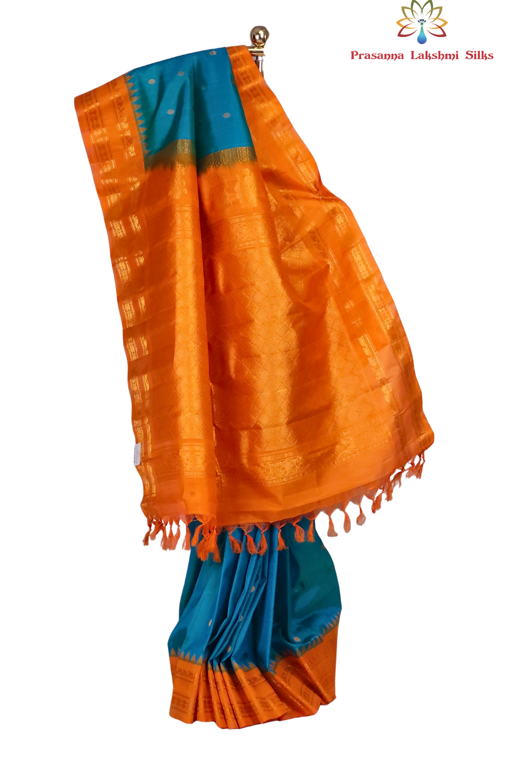 Teal Blue handloom Gadwal pure silk saree with rich orange zari woven border and brocade pallu
