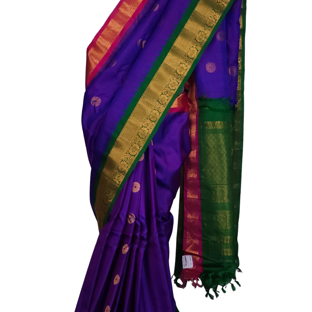 Violet Handloom Gadwal Pure Silk Saree with Green and Pink Ganga Jamuna zari woven borders and brocade pallu

