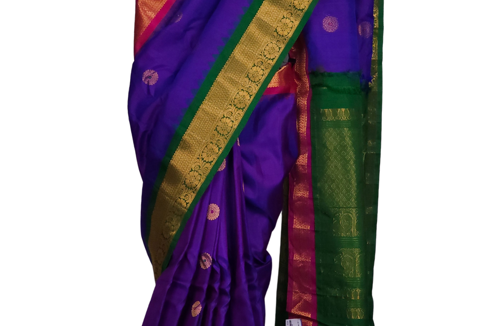 Violet Handloom Gadwal Pure Silk Saree with Green and Pink Ganga Jamuna zari woven borders and brocade pallu

